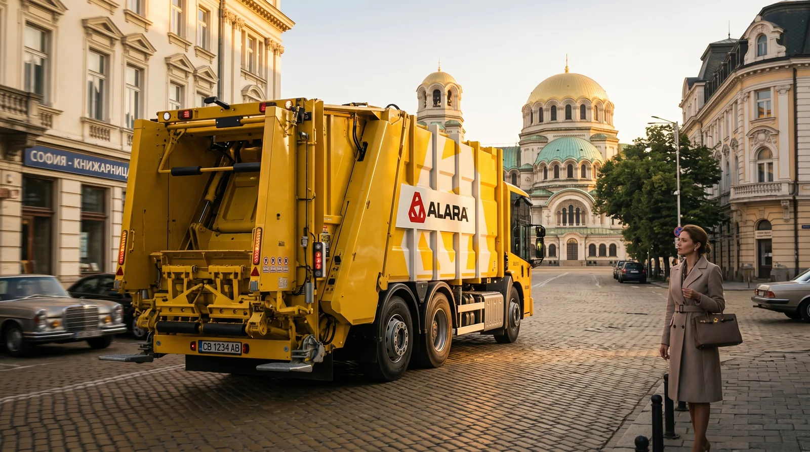 Жълт камион на ALARA в центъра на София